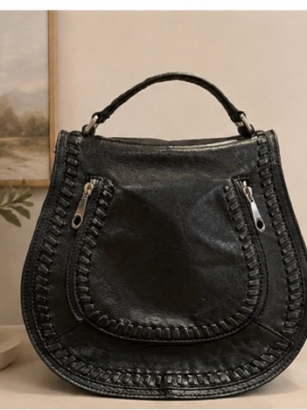 Rebecca Minkoff Black Leather Whipstitch Saddle Bag Handbag